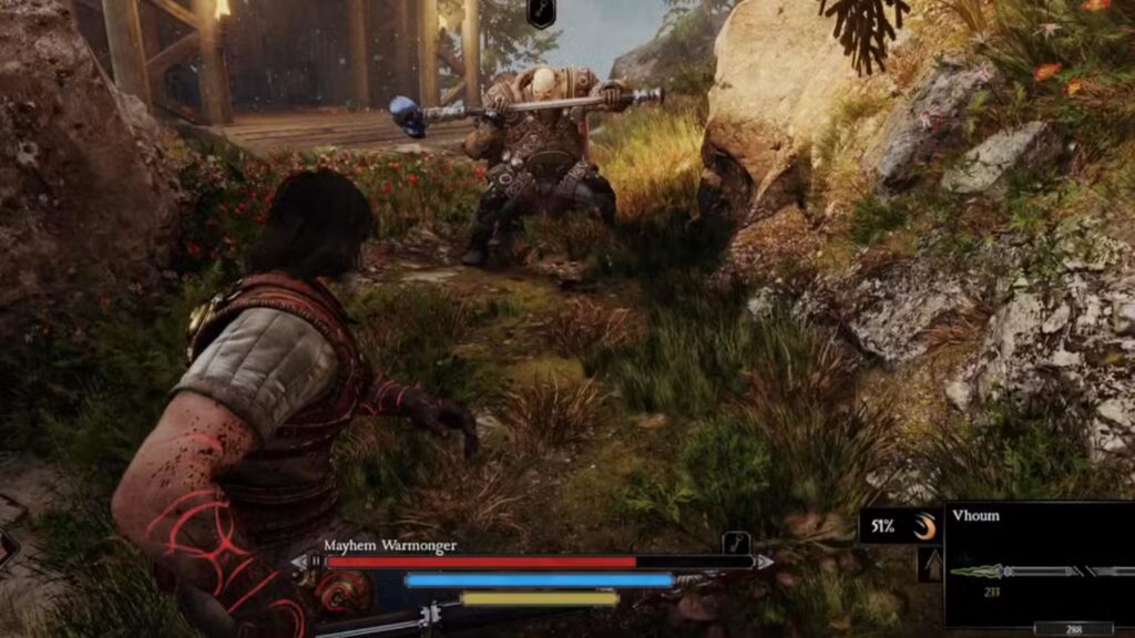 Blades of Fire Mayhem Warmonger Blocking the Path to the Polearm Sensechal in Bescarr Hamlet