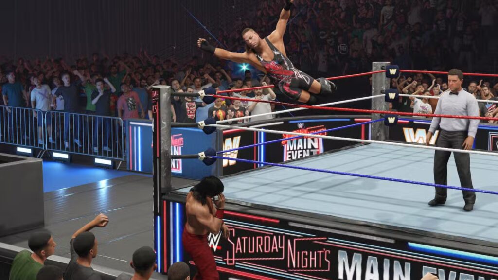 WWE 2K25 RVD Diving outside to attack