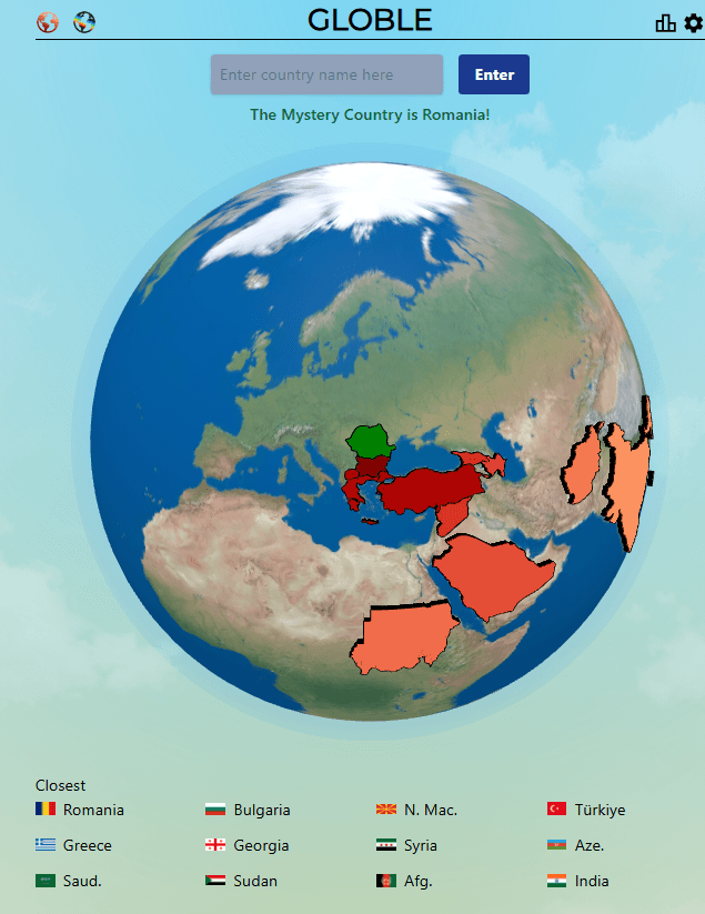 Globle game screenshot showing Romania as the correct answer for August 28, 2025, with color-coded country guesses including India, Afghanistan, Sudan, Saudi Arabia, Syria, Georgia, Greece, Turkey, and Bulgaria displayed on interactive globe