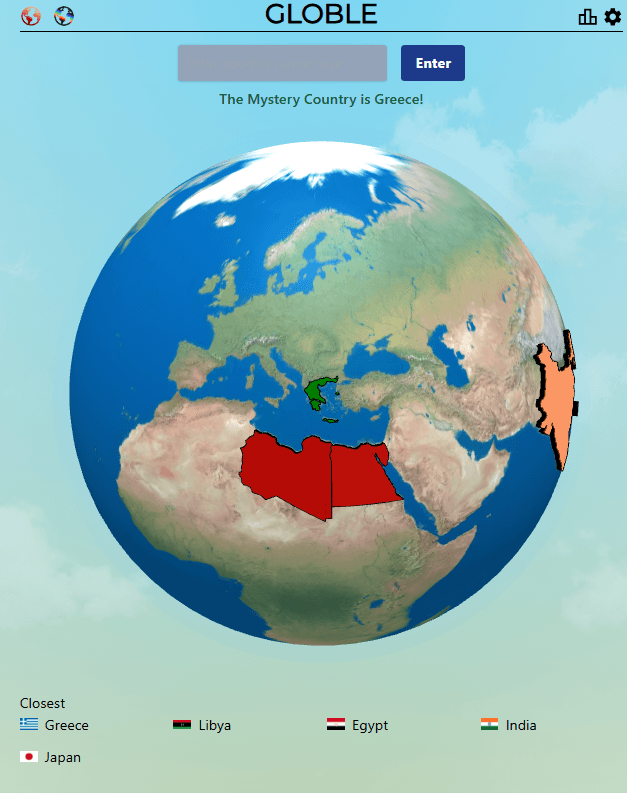 Globle game screenshot showing Greece highlighted in dark red as the correct answer for August 29, 2025, with the Mediterranean region visible on the world map