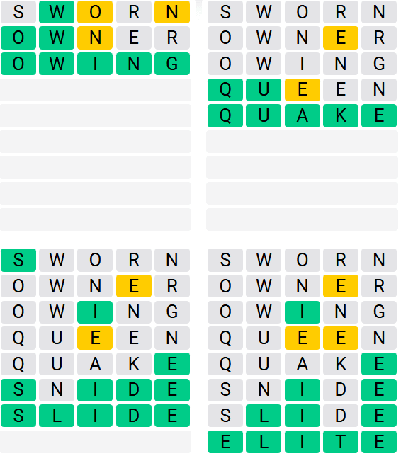Screenshot of Quordle Answers August 16, 2025- Owing, Quake, Slide, Elite