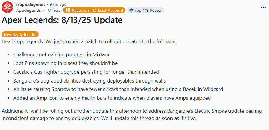 Screenshot of the official Apex Legends patch notes for the August 13, 2025 update, showing fixes for Caustic and Bangalore.
