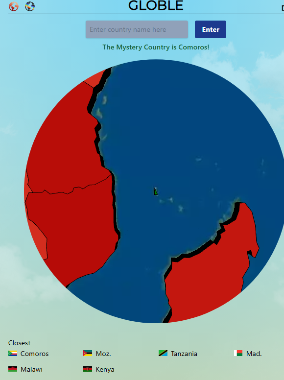 Globle game screenshot showing solved puzzle for August 31, 2025 with Comoros highlighted as the correct answer