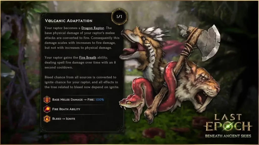 Last Epoch UI showing the updated Volcanic Adoption node for the Dragon Raptor minion