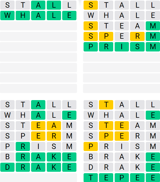 Screenshot of Quordle 1299 answers Whale, Prism, Drake and Tepee