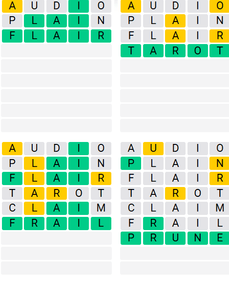 Quordle Classic game screenshot showing all four solved words for August 29, 2025: FLAIR, TAROT, FRAIL, and PRUNE with green letters indicating successful completion