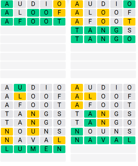 Screenshot of solved quordle answers for August 28 2025