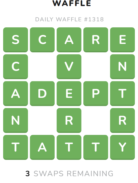 Screenshot of solved Waffle puzzle grid for August 31, 2025, displaying six five-letter words: SCARE, ADEPT, and TATTY horizontally, with SCANT, AVERT, and ENTRY vertically
