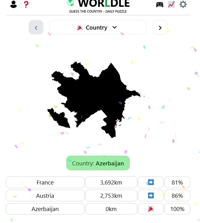 Worldle game screenshot showing Azerbaijan's country outline in black silhouette with the complete solution path: France (3,692km away), Austria (2,753km away), and Azerbaijan (correct answer at 0km)