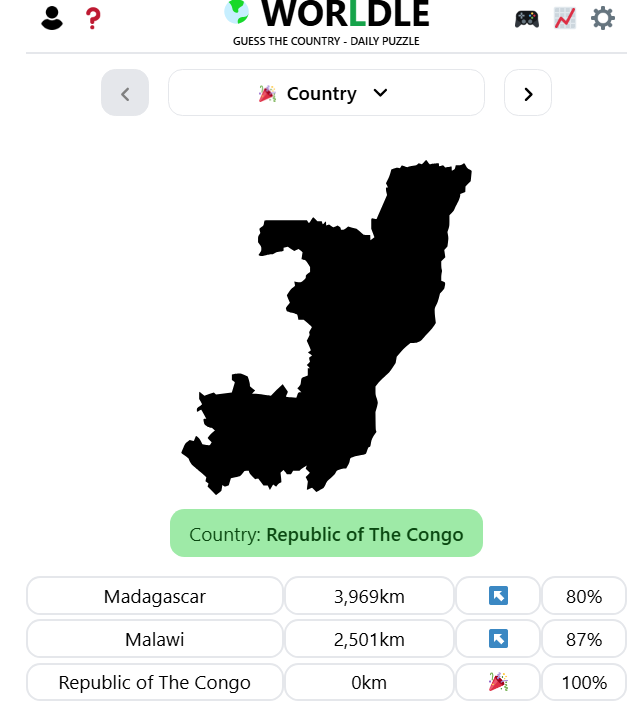 Worldle game screenshot showing solved puzzle for August 31, 2025 with Republic of the Congo highlighted as the correct answer