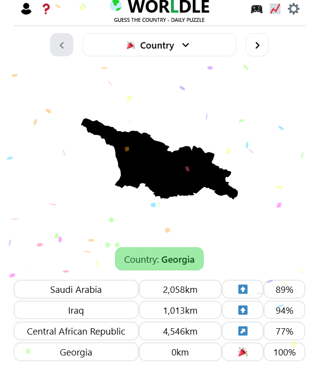 Worldle game screenshot showing Georgia as the correct answer for September 1, 2025, with country silhouette and solving attempts displayed