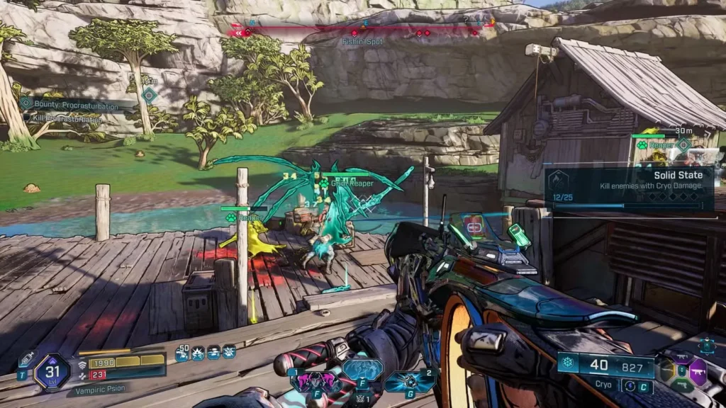 Borderlands 4 gameplay showing explosive combat with flying enemies and colorful weapon effects