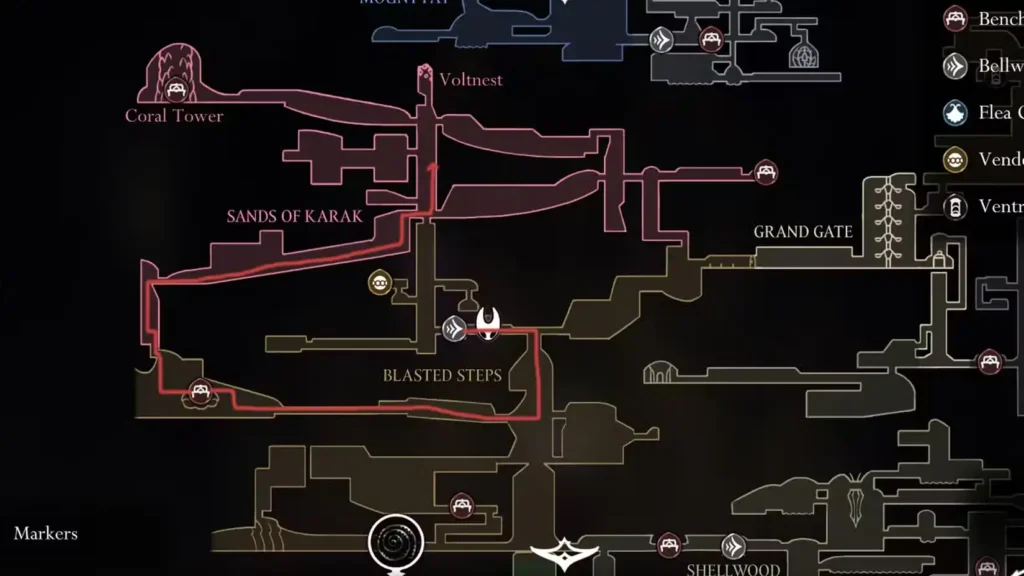 Raccourci vers les marches foudroyées des Sables de Karak dans Hollow Knight Silksong