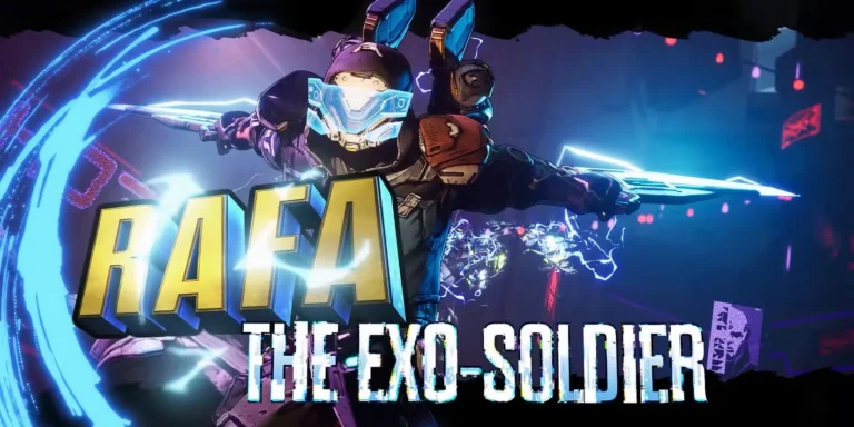 Borderlands 4 Rafa the Exo-Soldier character showcase with futuristic armor and weapons