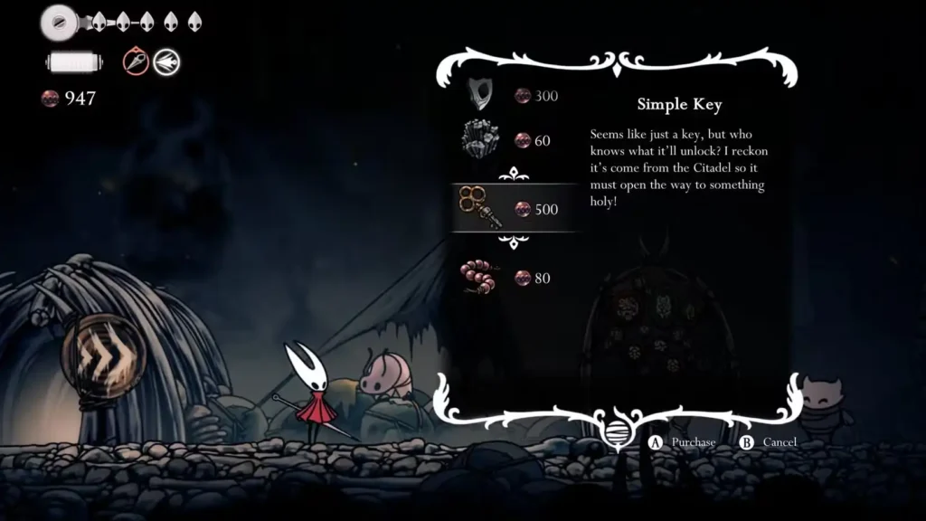 Compra de la llave simple de Pebb en Hollow Knight Silksong