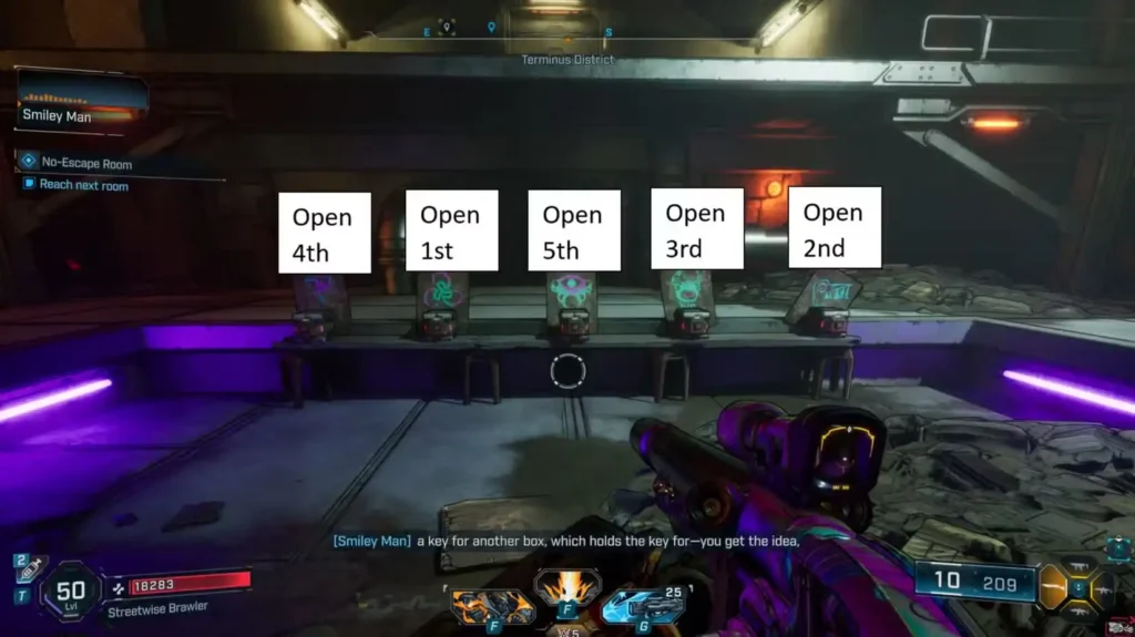 Chest Order for the no escape room Trinity Circles Box (2nd position) - Start hereBird Drawing Box (5th position) - Second key locationCow Drawing Box (4th position) - Third in sequenceTriangle Box (1st position) - Fourth key requiredEyeball Box (3rd position) - Final key unlocks the exit
