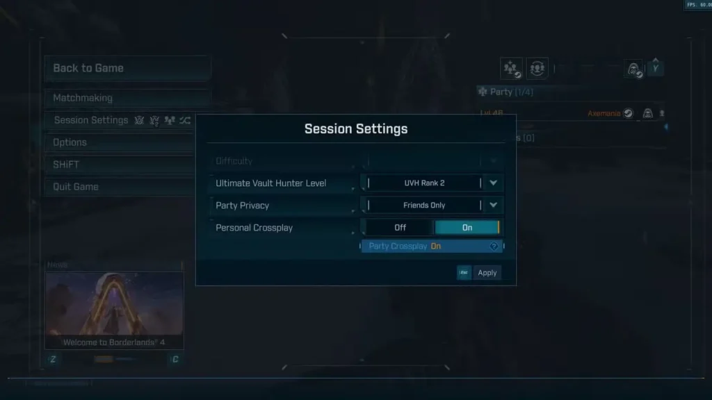Settings in Menu for Borderlands 4
