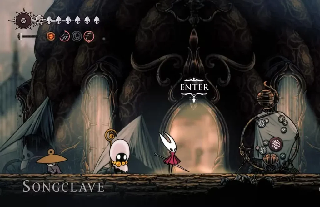 Hornet stands with pilgrim NPCs at the ornate Songclave entrance with large glowing portal and "ENTER" prompt