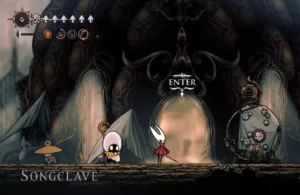 Hornet stands with pilgrim NPCs at the ornate Songclave entrance with large glowing portal and "ENTER" prompt