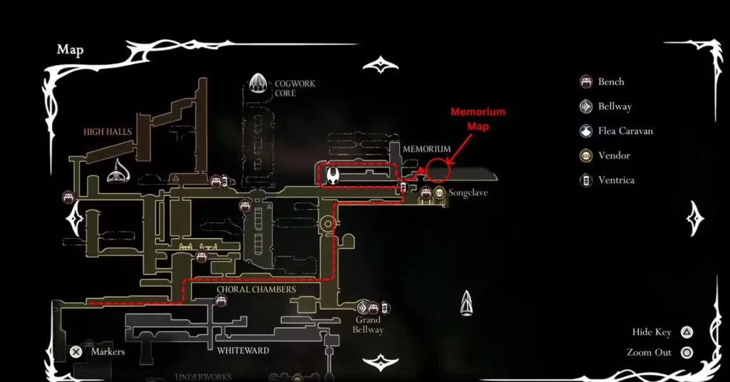 Game map highlighting the red path route from Songclave through High Halls and Cogwork Core to reach Memorium area
