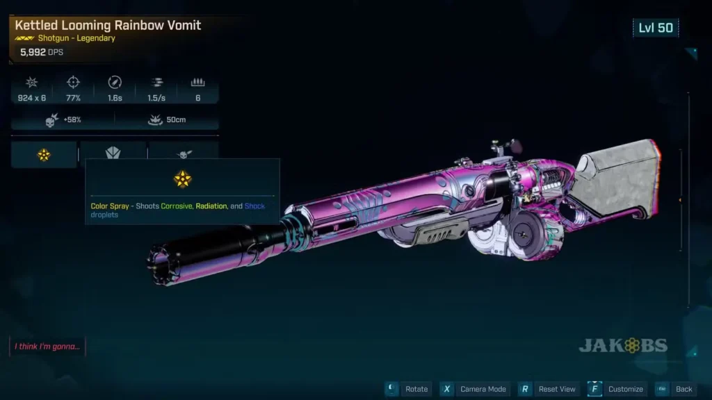 Kettled Looming Rainbow Vomit legendary shotgun with detailed stats display showing DPS, accuracy, and elemental damage