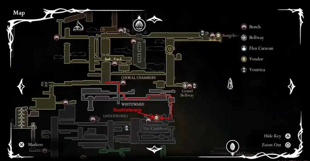 Scuttlebrace Location Map in Hollow Knight Silksong