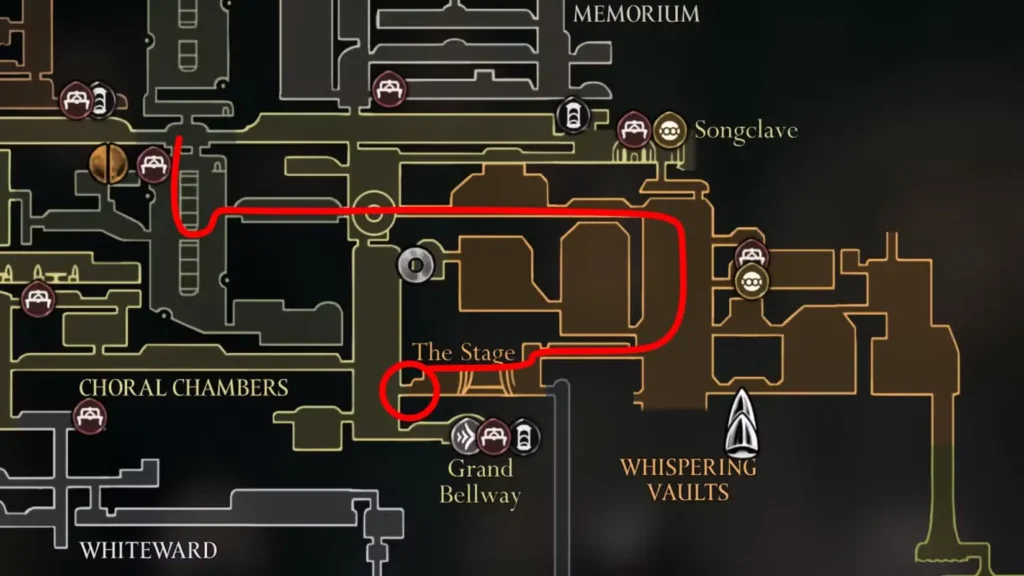 Spielkarte der Chorkammern und der damit verbundenen Bereiche, die den roten Pfad von Songclave durch Cogwork Core und Whispering Vaults zur Bühne zeigt, mit beschrifteten wichtigen Orientierungspunkten, darunter Grand Bellway und der Standort der verschlossenen Tür