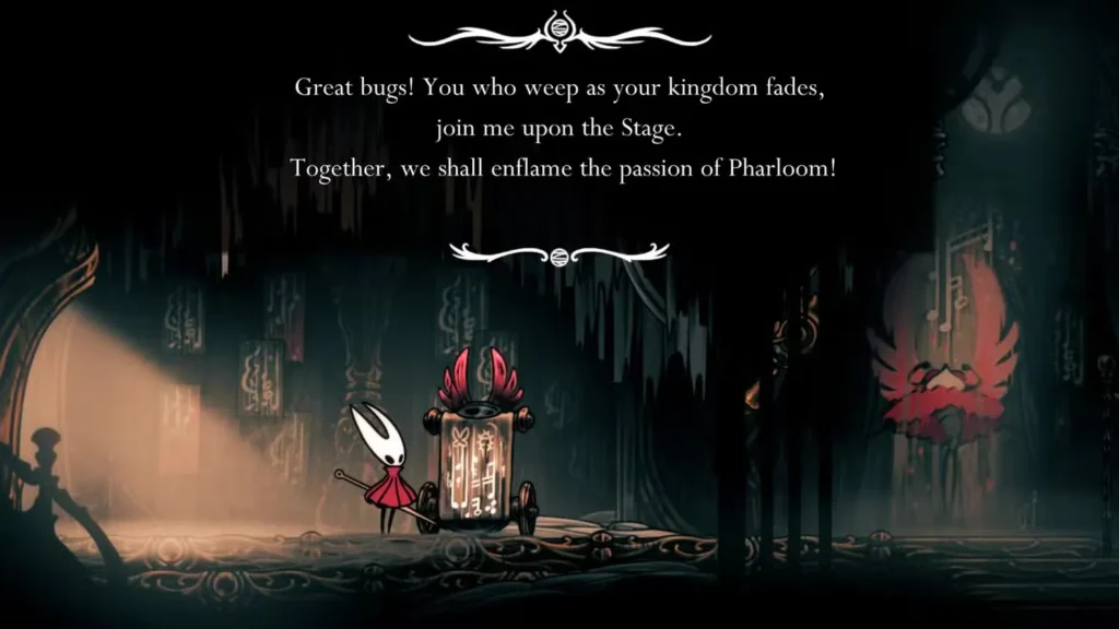 Hornet stands on The Stage facing the dramatic boss Trobbio, with ornate theatrical curtains and lighting in the background as Trobbio delivers his passionate monologue about enflaming the passion of Pharloom