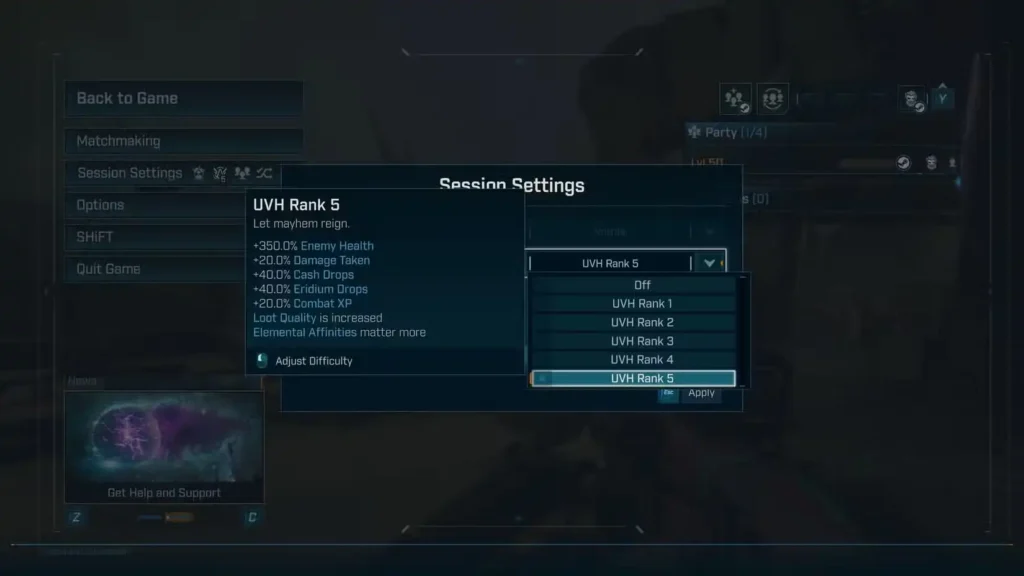 Vault Hunter Mode Settings Screenshot