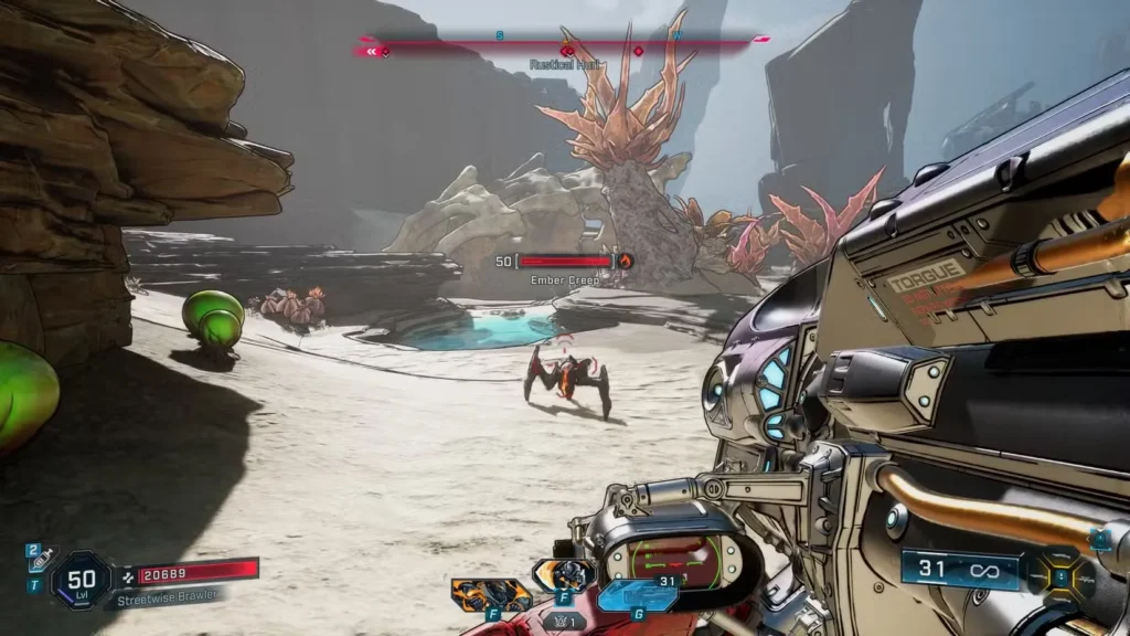 Borderlands 4 desert combat scene with player fighting Ember Creep enemies using environmental cover