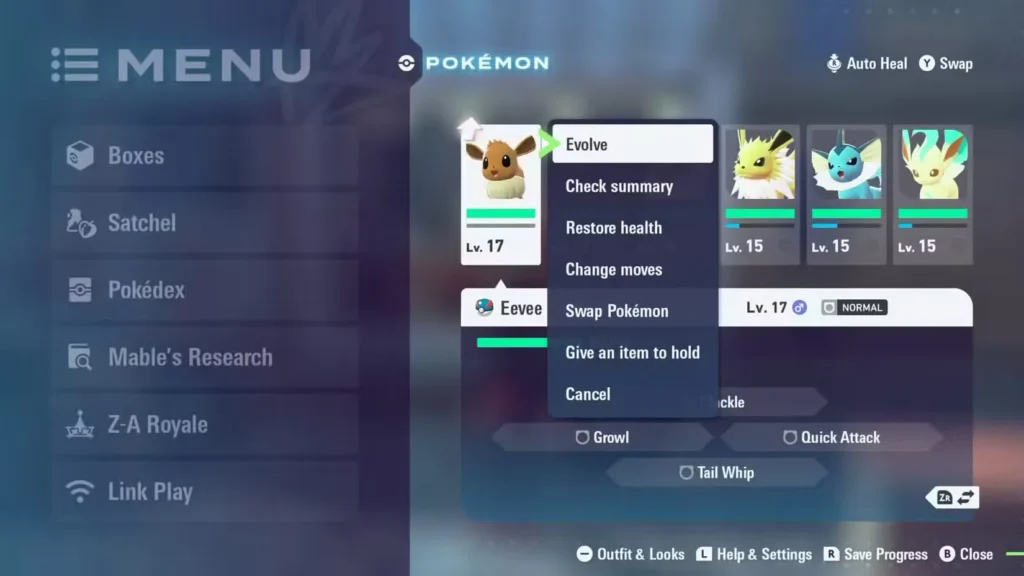 Pokemon Legends: Z-A Ready to evolve Menu