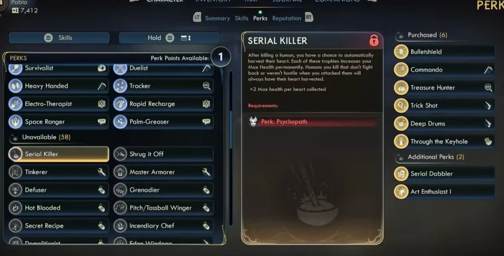Screenshot of Serial Killer Perk in the game the outer worlds 2