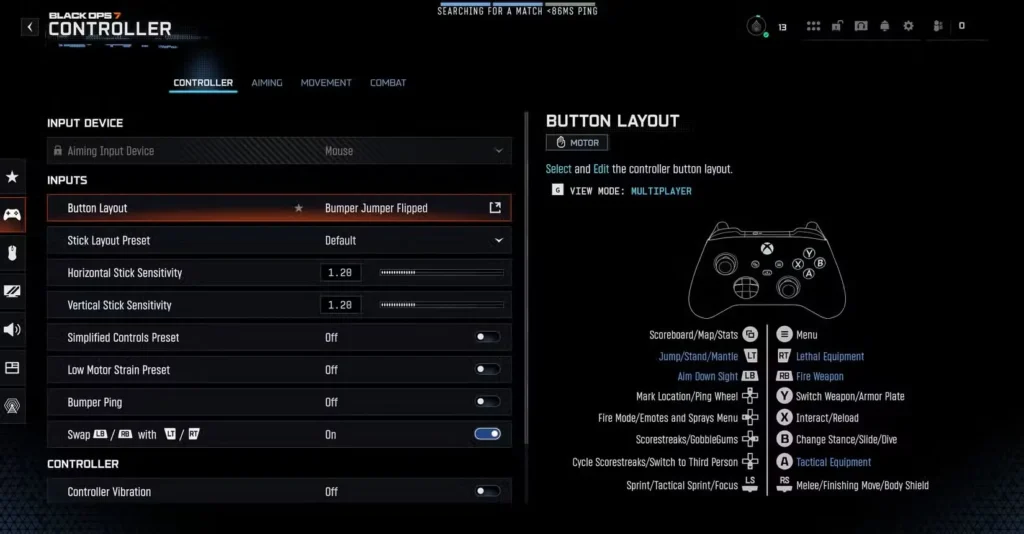 Controller Settings in Call of Duty Black OPS 7
