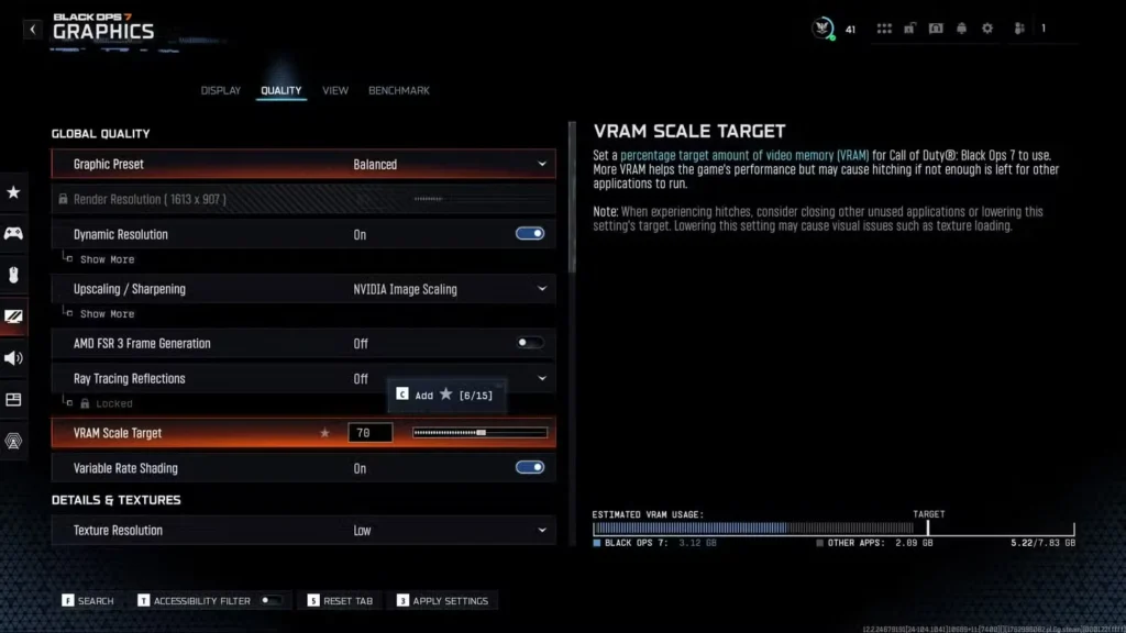 Fix #2: Lower VRAM Scale Target & Enable Variable Rate Shading