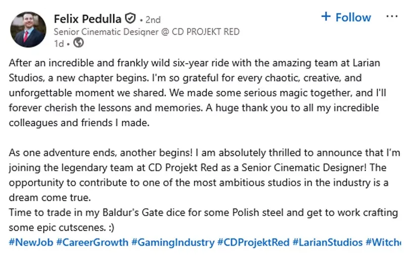 The Witcher 4 Adds Baldur's Gate 3 Senior Cinematic Artist to Development Team