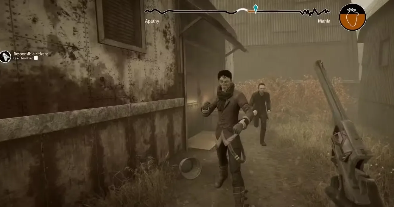 holding a gun as two bandits in pathologic 3