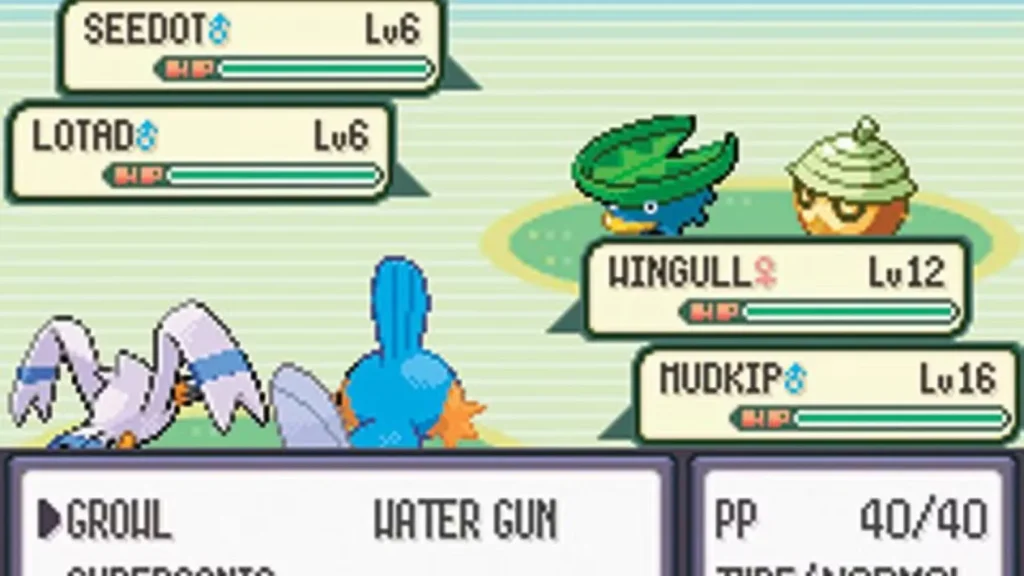 a double battle against a wild seedot and lotad pokemon emerald