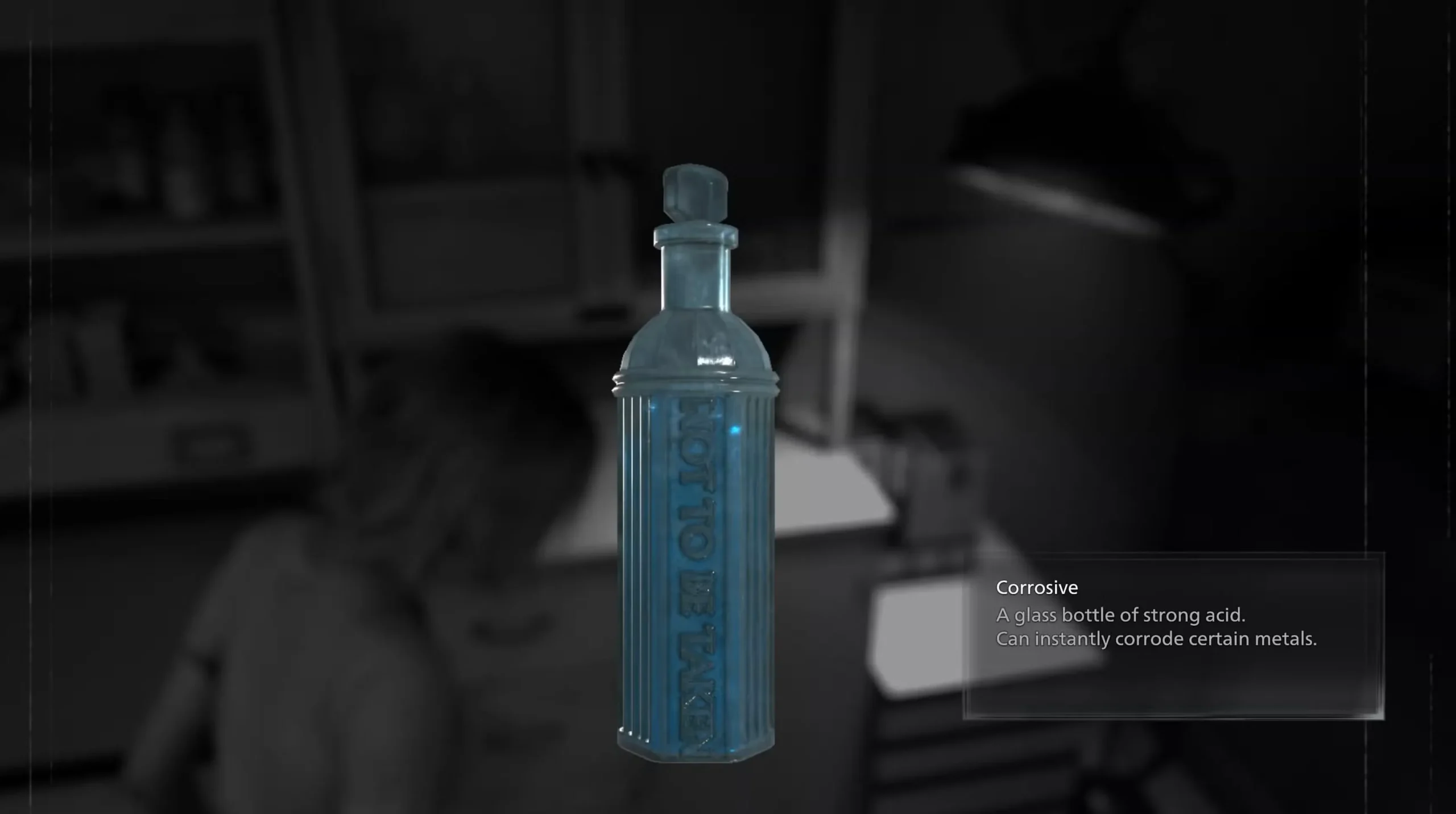 Picking up the Corrosive bottle in Resident Evil Requiem Conference Room