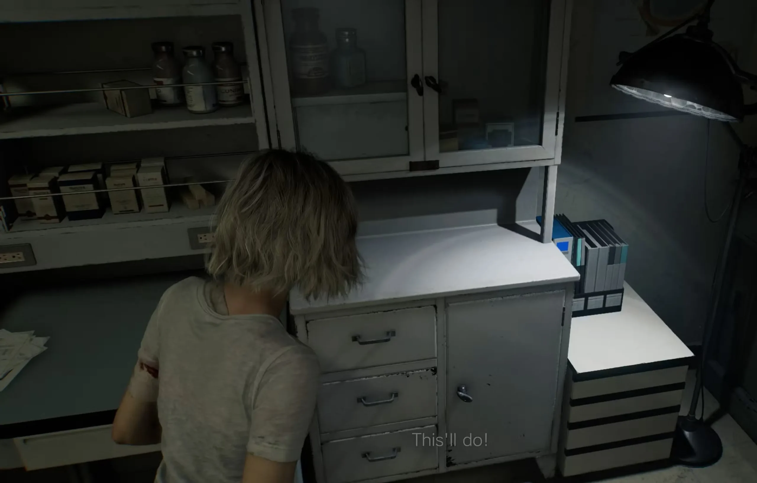 Corrosive bottle on the cabinet in the Conference Room in Resident Evil Requiem