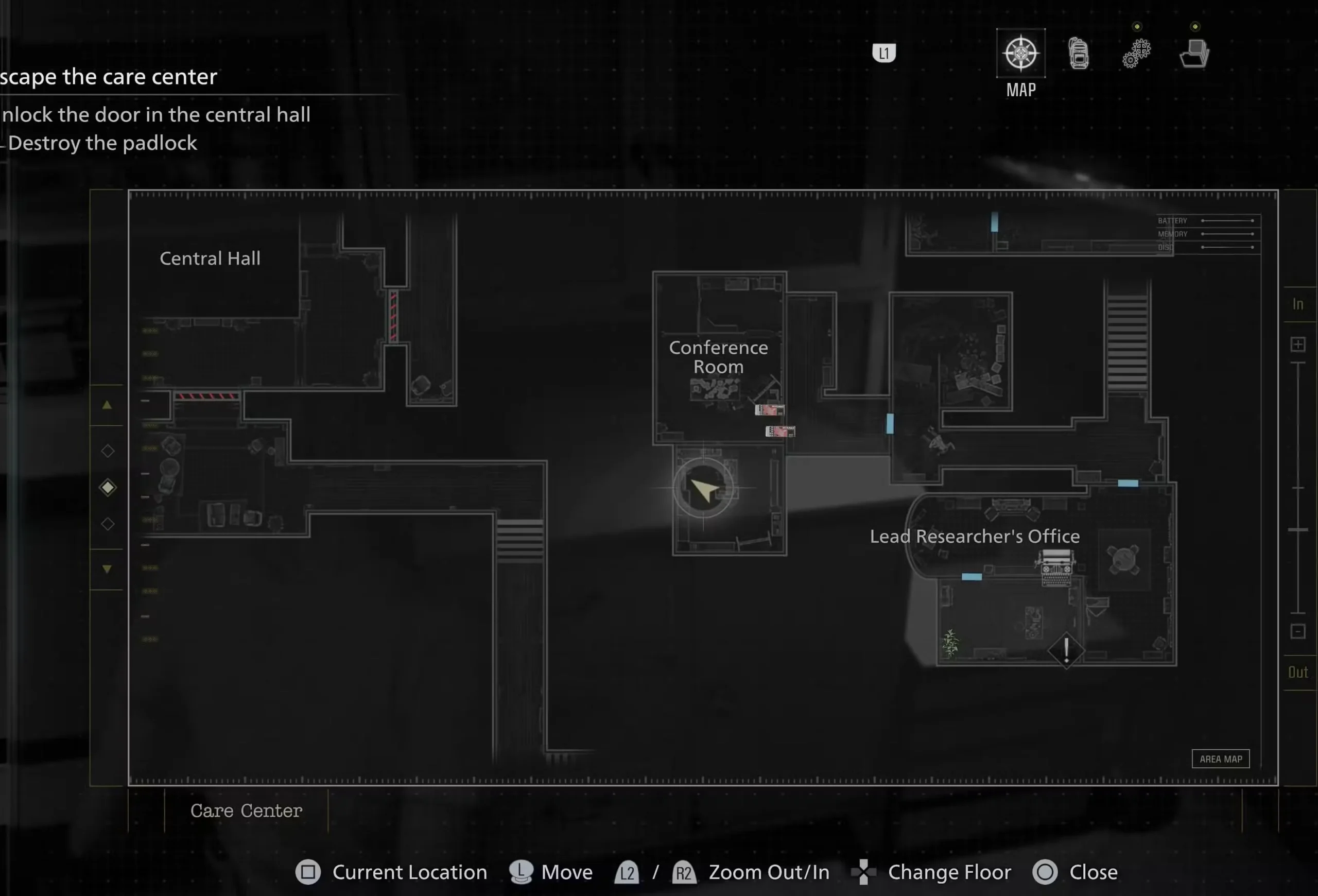 Map showing Corrosive bottle location in Conference Room, East Wing 2nd floor in Resident Evil Requiem