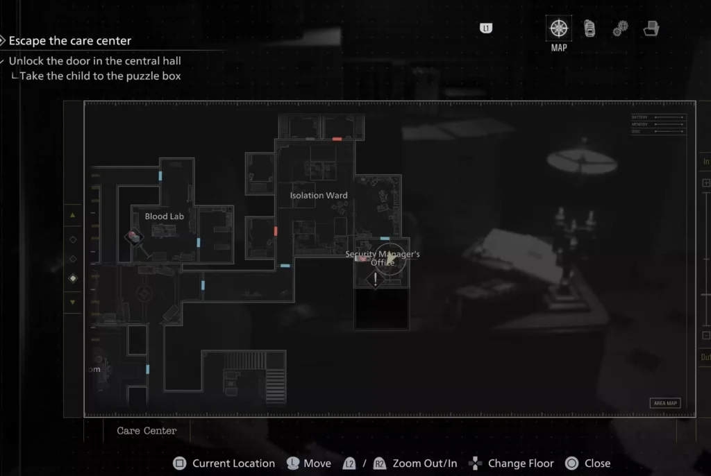 The path through the Isolation Ward leading to the Security Manager's Office where the Level 3 Wristband is found