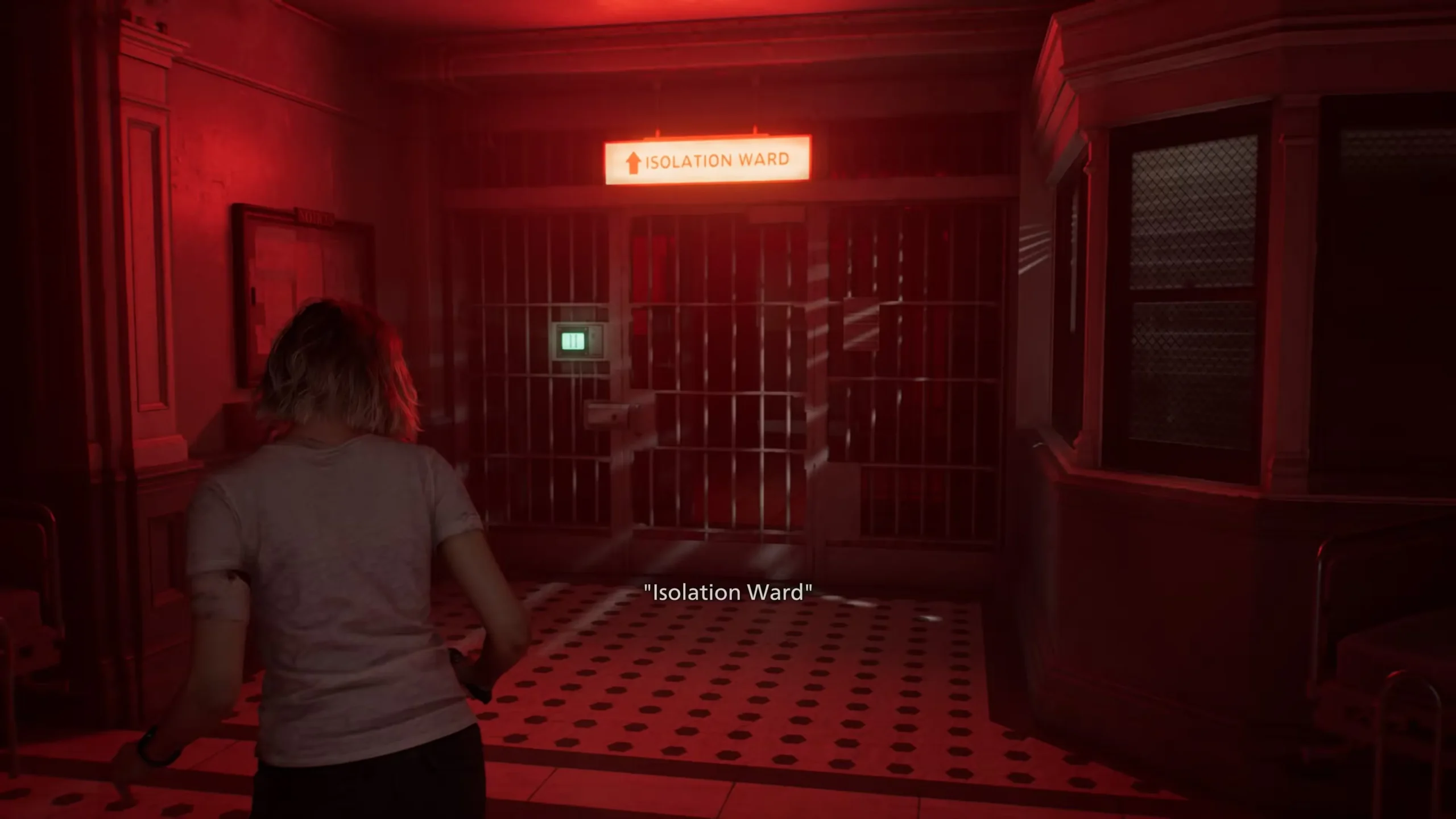 Inside the Isolation Ward in Resident Evil Requiem showing the security door and corridor