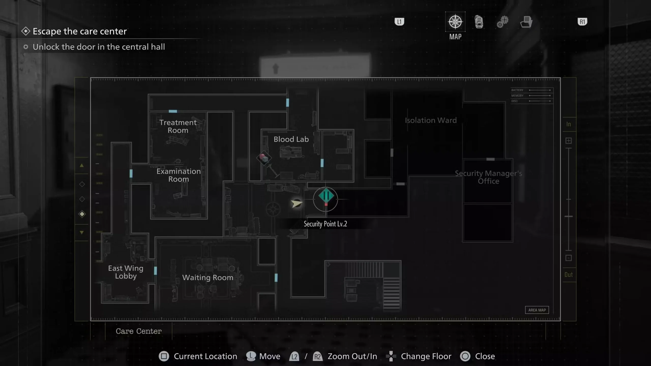 Isolation Ward security door location in Resident Evil Requiem — the green-lit door in the East Wing north-east corridor