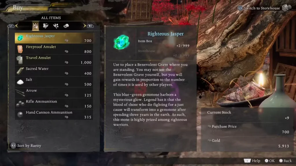 use righteous jasper to put grave in nioh 3