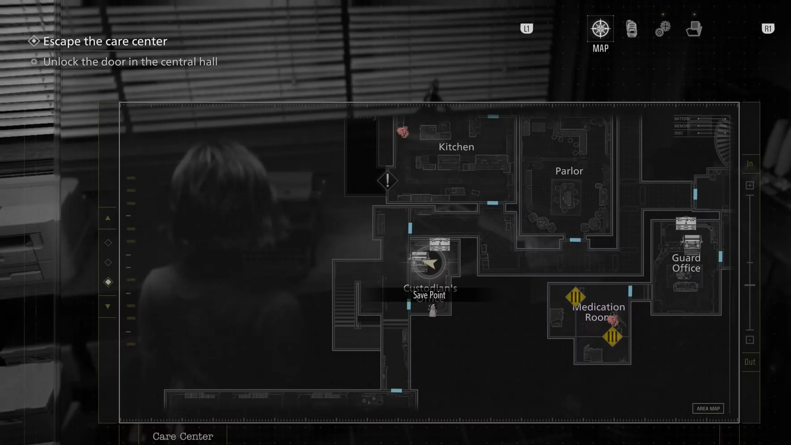 Map showing Wrench location in Custodian's Office, West Wing in Resident Evil Requiem