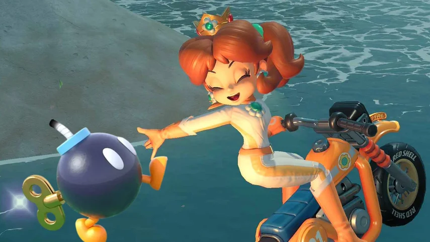 Mario Kart World Daisy going over a jump with a Bob Omb overlaid on top