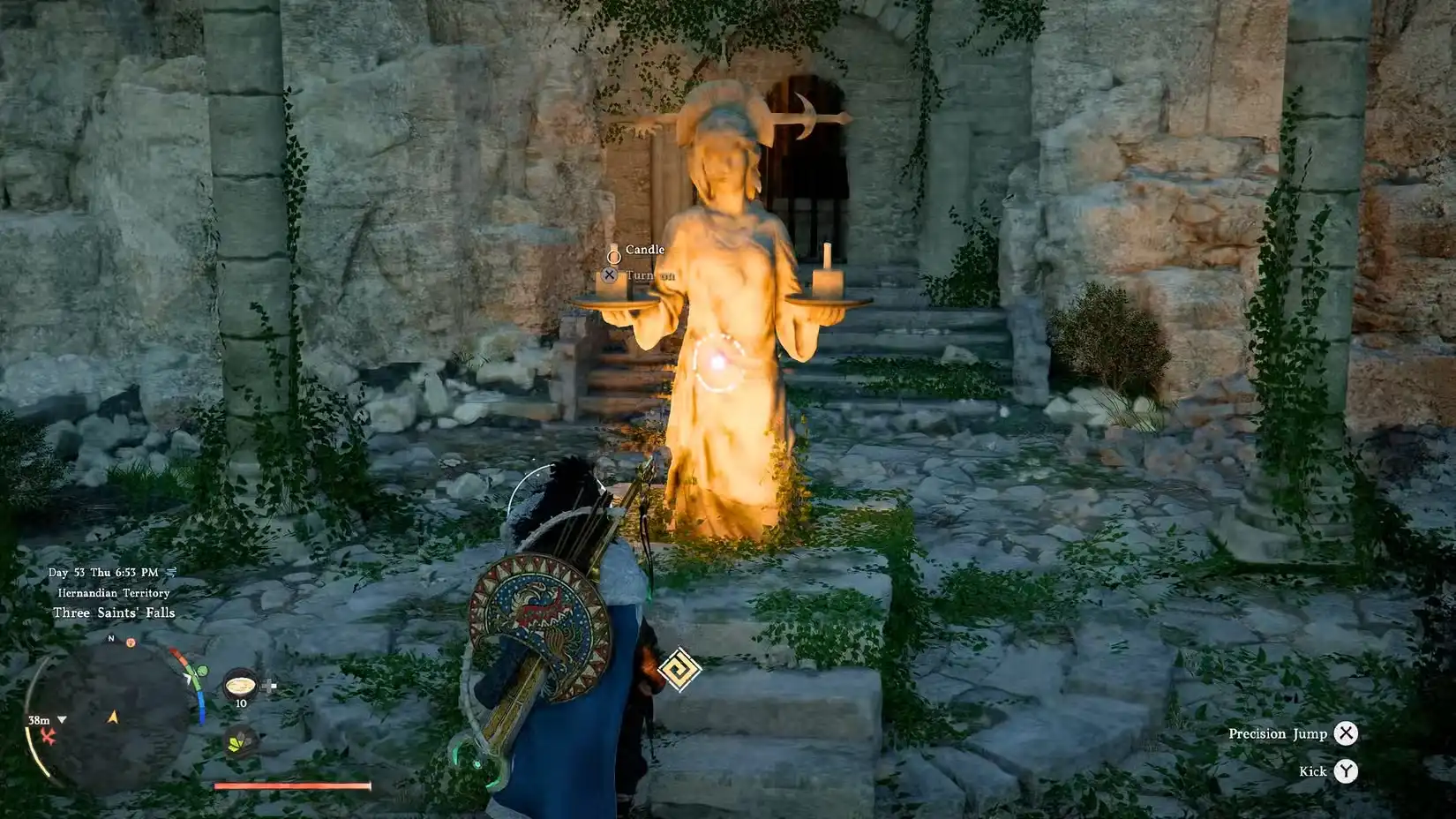 lighting candles goddess of justice statue crimson desert
