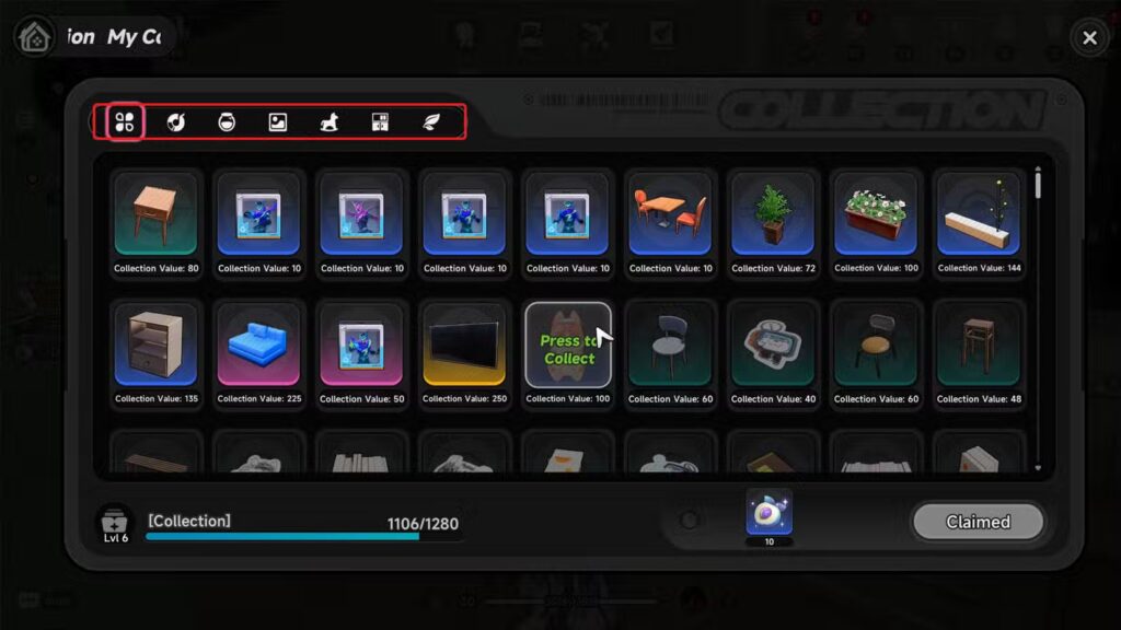my collections menu